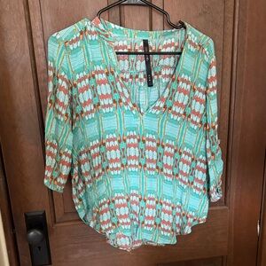 Renee C. V-Neck Blouse - Aqua and Coral